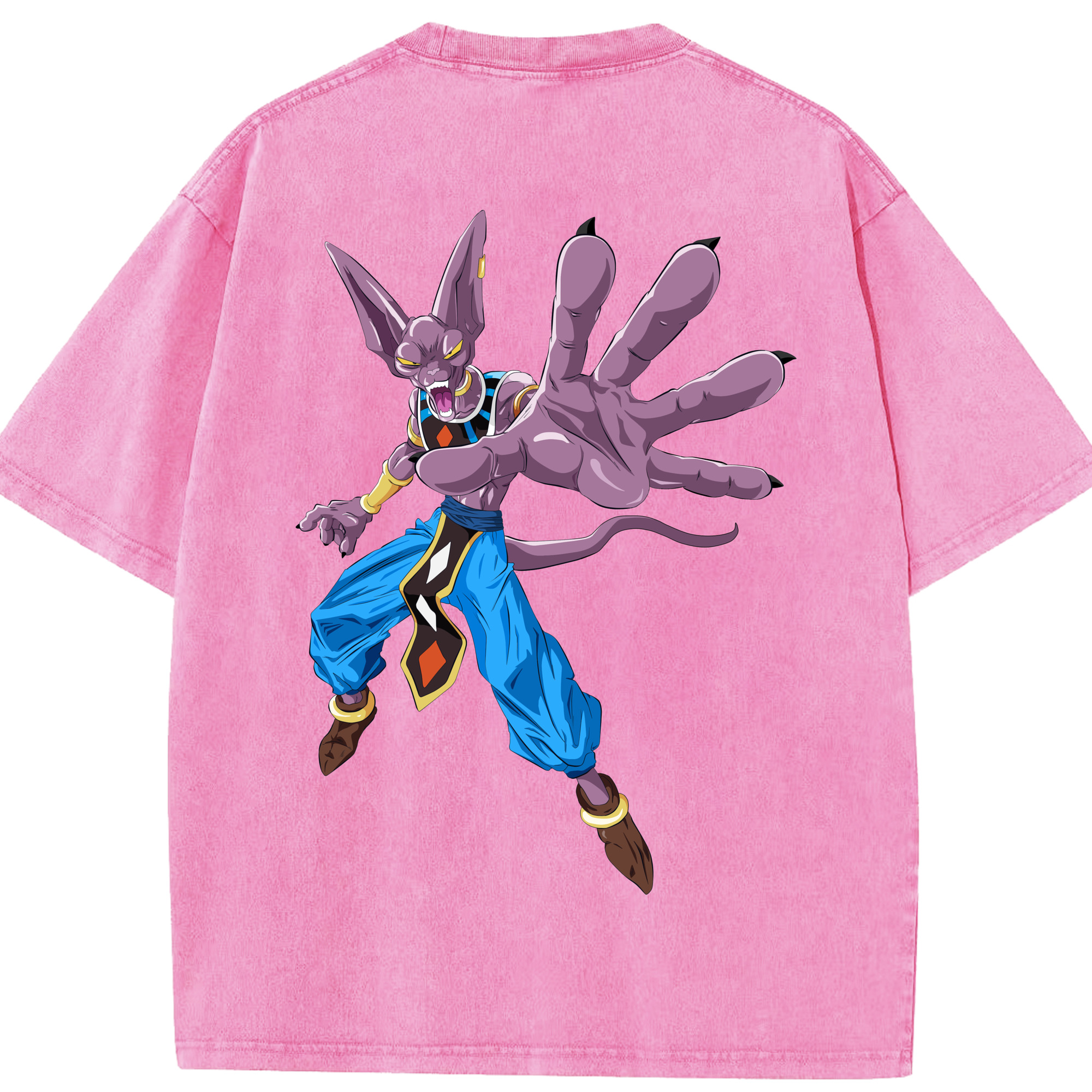 （画像用） ドラゴンボール ビルス 破壊神ビルス DRAGON BALL Beerus Birusu 綿100% ヴィンテージ風 半袖Tシャツ（背面プリント）